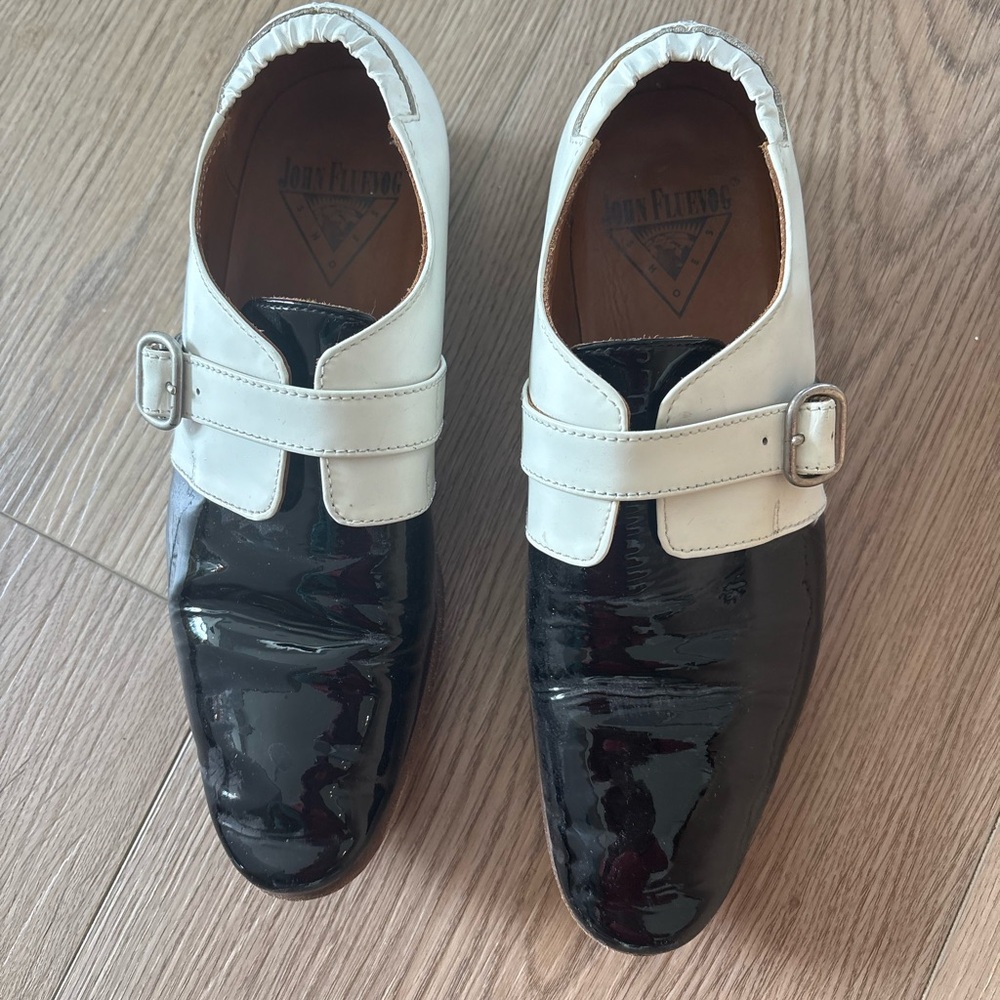 John Fluevog Black Patent and White Leather Slip-On Loafers